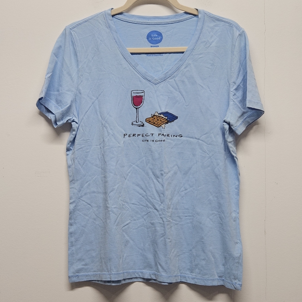 Life is Good Womens "Perfect Pairing" Wine & Cheese Blue V-Neck Graphic Tee